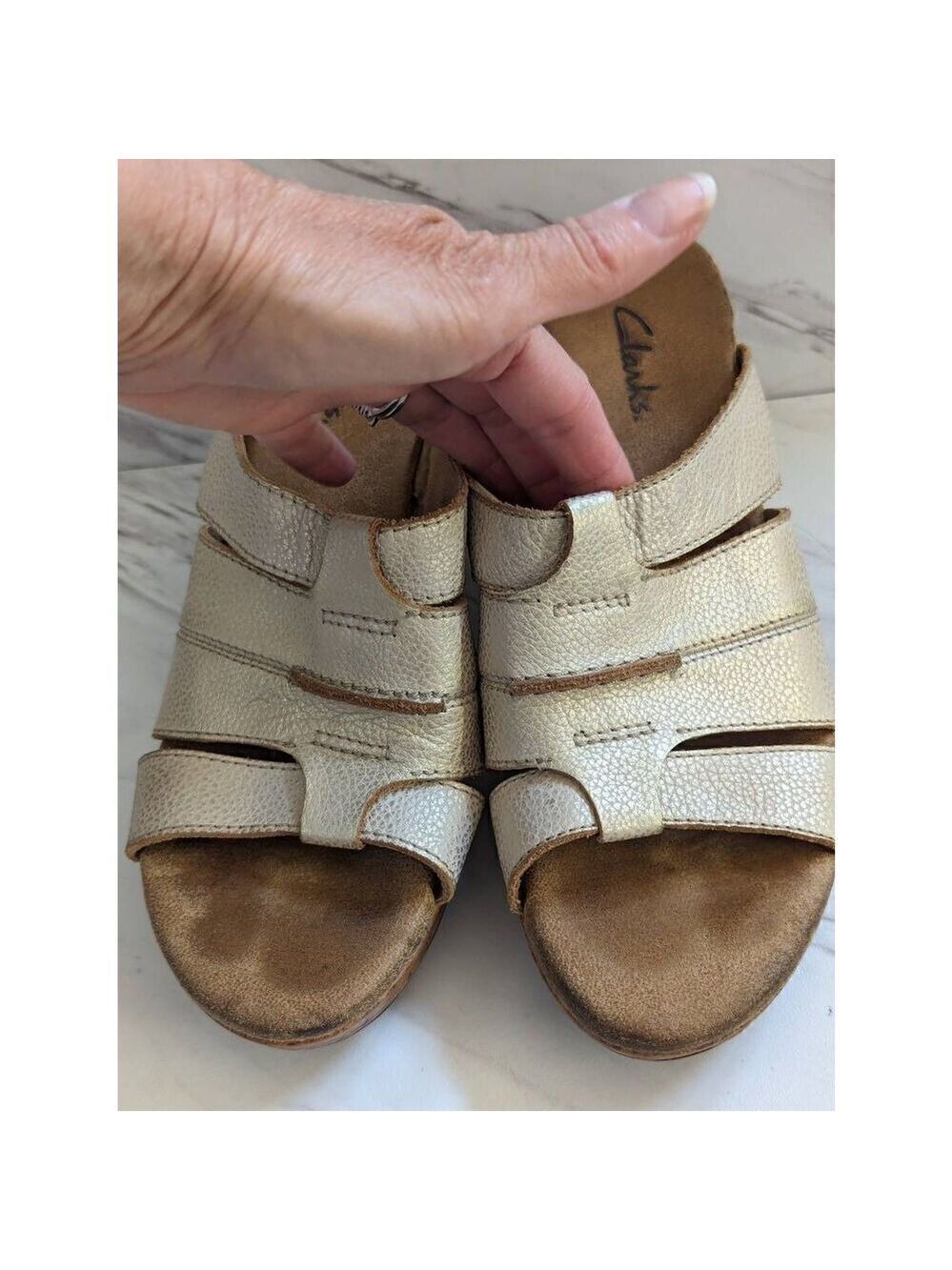 Clark's Women's Cream Slip On Open Toe Leather 3" Heel Sandal Size 7.5